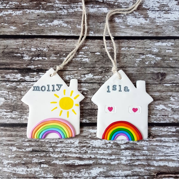 Personalised Rainbow House hanging decoration OR Magnet, Hand painted, Handmade