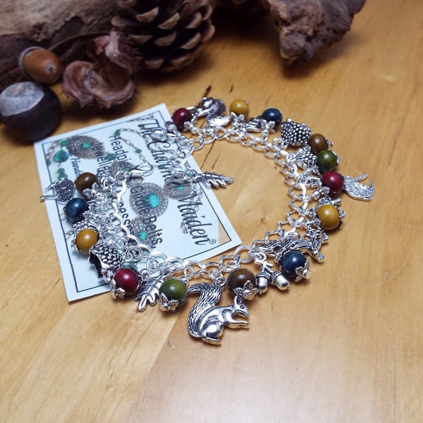 Woodland Animals Charm Bracelet, Wood Bead Nature Jewellery