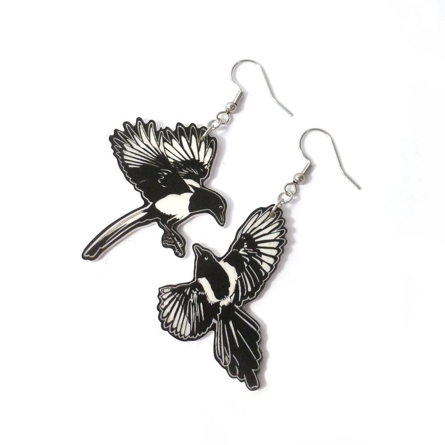 Image of Magpie earrings, mismatched two for joy bird earrings on steel wires