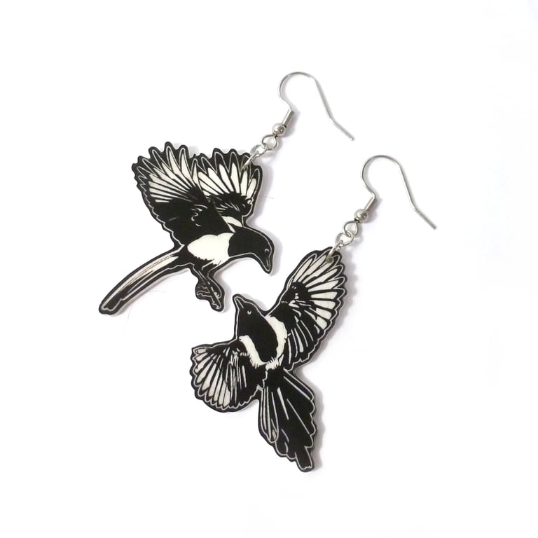 Magpie earrings, mismatched two for joy bird earrings on steel wires