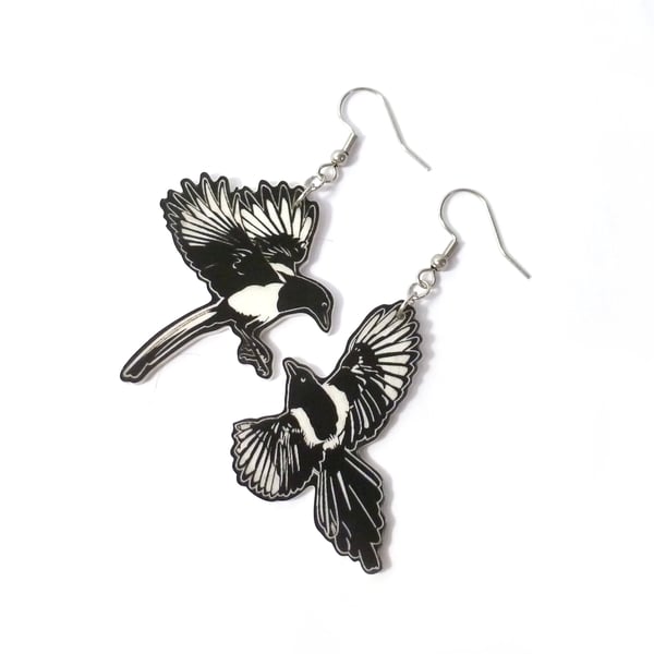 Magpie earrings, mismatched two for joy bird earrings on steel wires