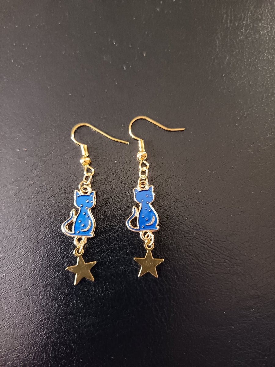 Gold and dark blue celestial cat and star dangle earrings 