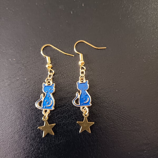 Gold and dark blue celestial cat and star dangle earrings 