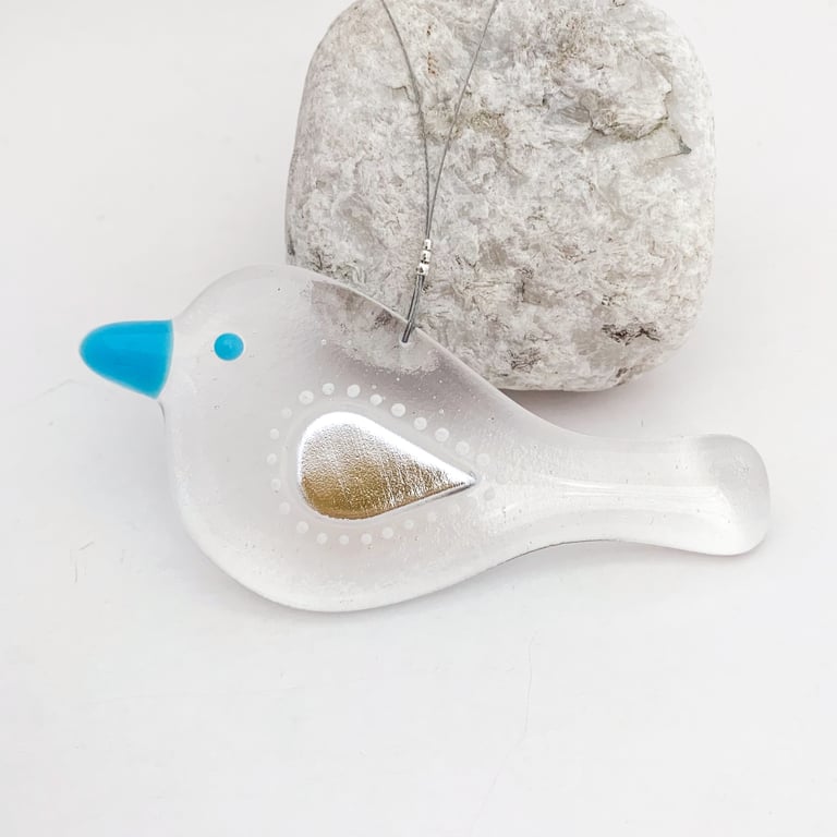 Fused Glass Silver Bird Hanging - Handmade Glass Suncatcher