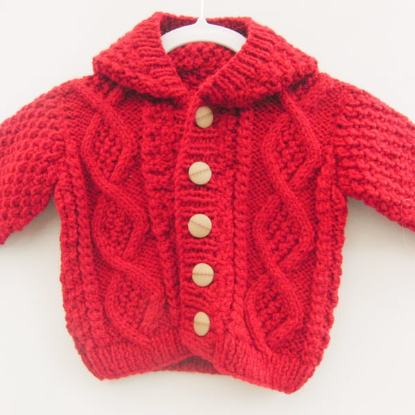 Baby's Hand Knitted Hooded Cabled Jacket, Baby Shower Gift, New Baby Gift