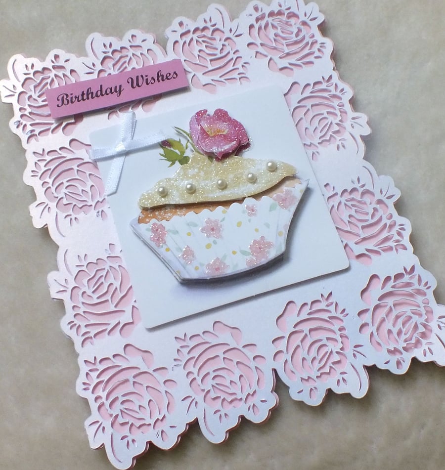 Exquisite Handmade Rose Filagree Birthday Cupcake Card