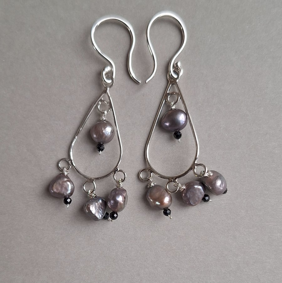 Boho style silver earrings with natural pearls and black tourmaline.