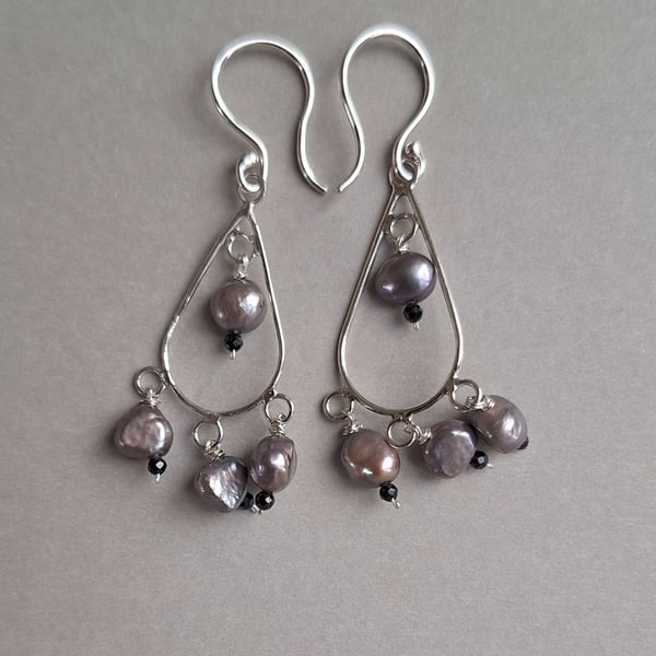 Boho style silver earrings with natural pearls and black tourmaline.