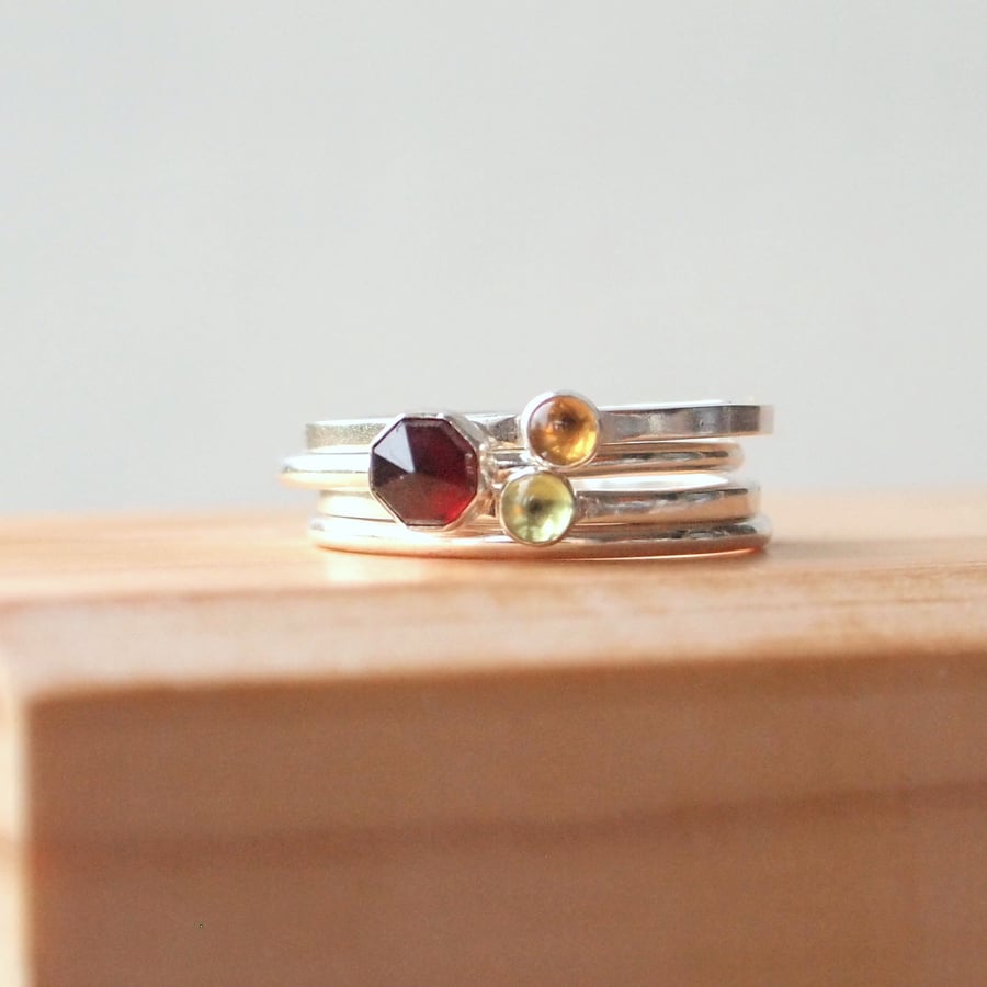 Stacking Ring Set with Garnet, Peridot and Citrine.