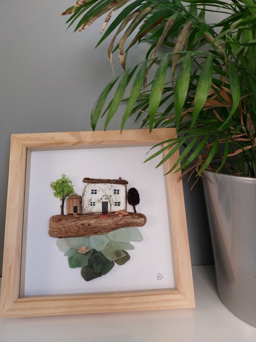 Driftwood & Sea Glass Coastal Scene, white framed sea glass artwork