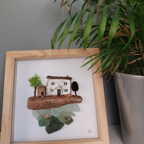 Driftwood & Sea Glass Coastal Scene, white framed sea glass artwork