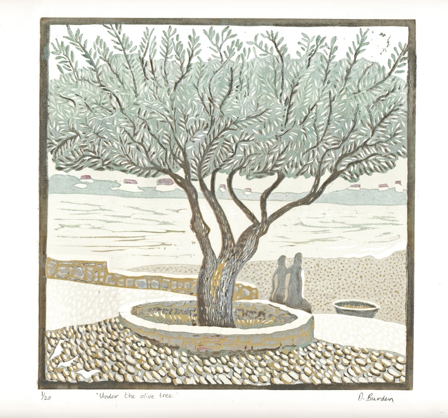 "Under the Olive Tree" unframed, limited edition lino print by Denise Burden