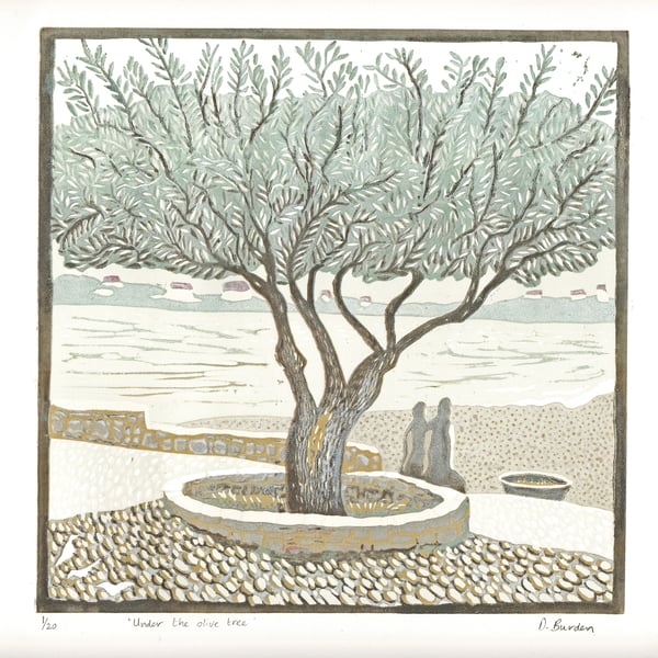 "Under the Olive Tree" unframed, limited edition lino print by Denise Burden