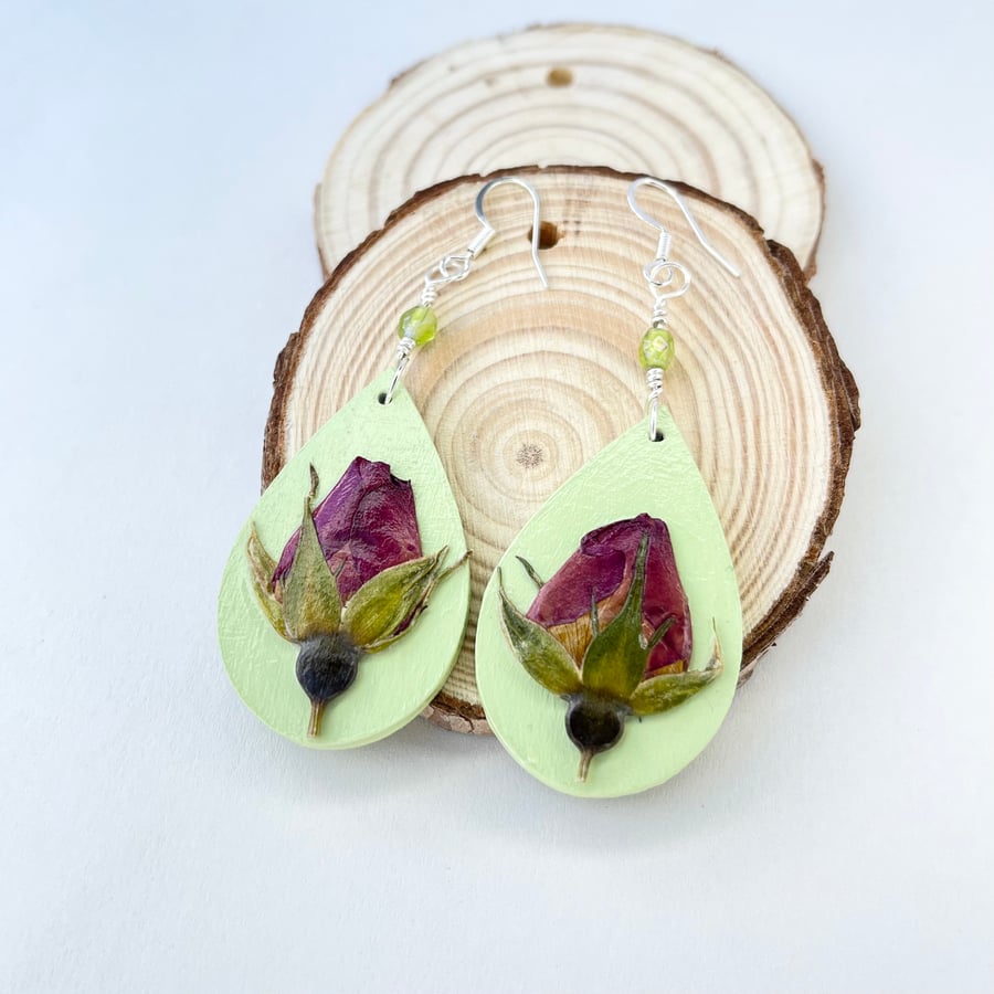 Real Pressed Rose Bud Dangle Wood and Sliver Plated Earrings
