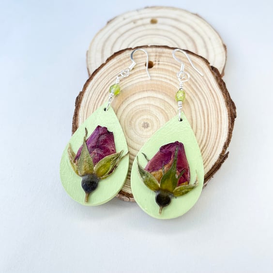 Real Pressed Rose Bud Dangle Wood and Sliver Plated Earrings