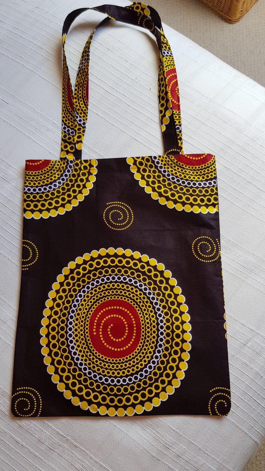 African fabric tote bag: red and yellow circles 