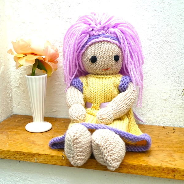 Doll. Hand Knitted Doll 12" Wool Doll with Pink Hair & Removable Dress