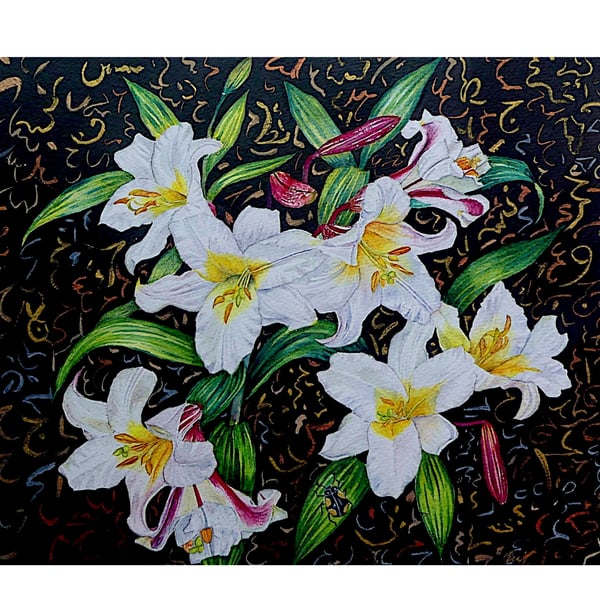 Flowers Botanical Watercolour Painting .Decorative White Lilies Fine Art 