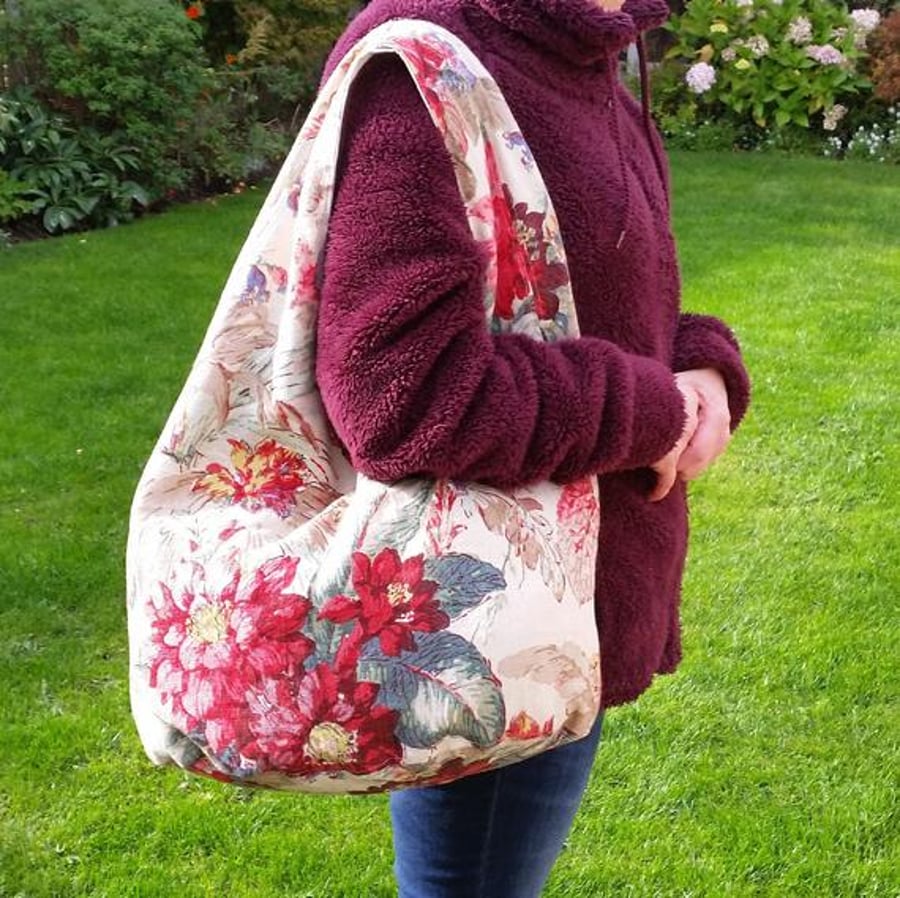 rare vintage Lee Jofa fabric floral print linen reversible shoulder bag