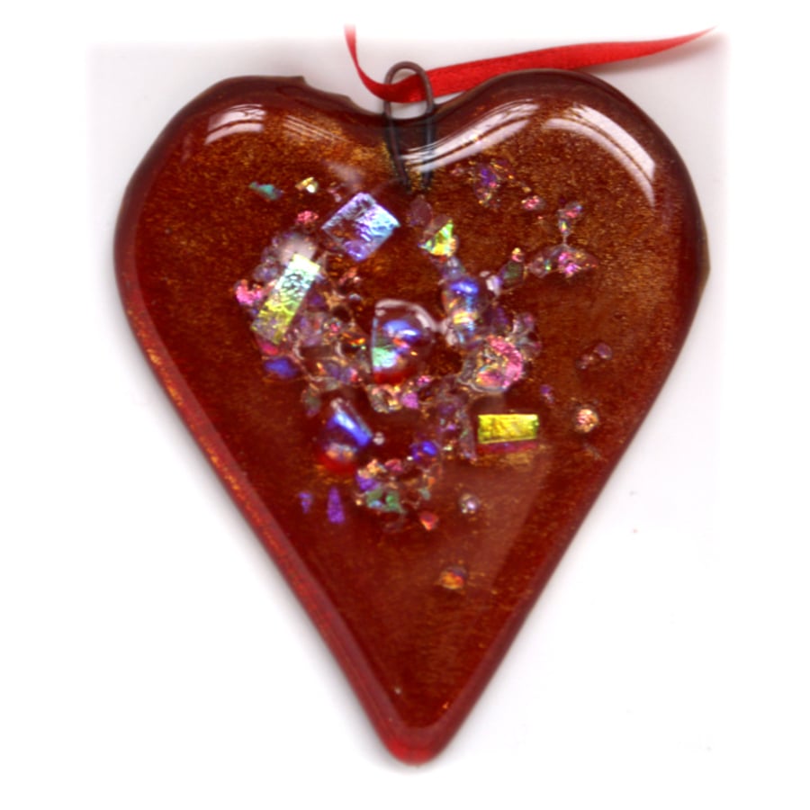 Love Heart Red Fused Glass Suncatcher  002 8.5 cm Dichroic