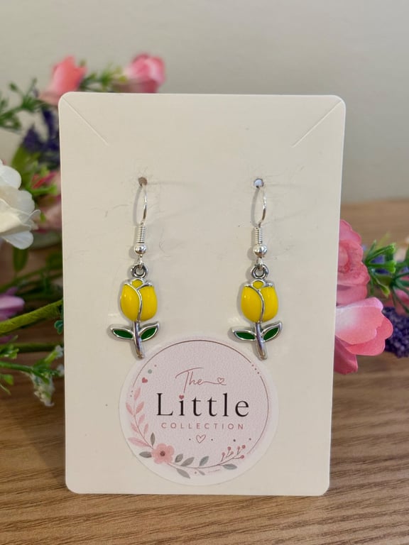 Yellow Tulip Dangle Earrings, Enamel Floral Charms, Handmade Jewellery