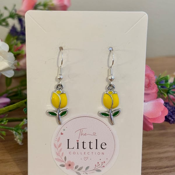 Yellow Tulip Dangle Earrings, Enamel Floral Charms, Handmade Jewellery
