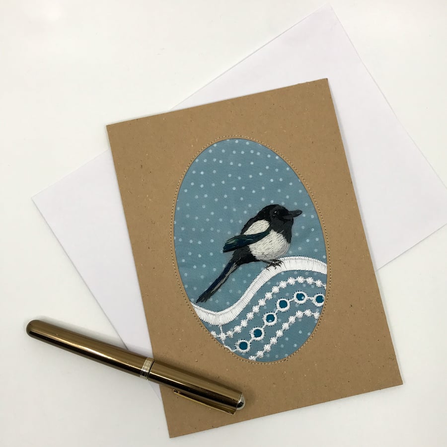 Perfectly Imperfect -Blank greetings card with hand embroidered magpie