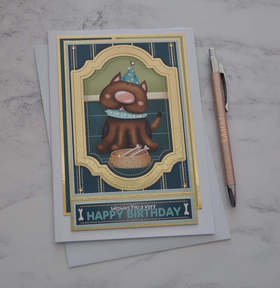 Dog Birthday Card Party Hat Bones Bowl Wishing You A Very Happy Birthday 3D