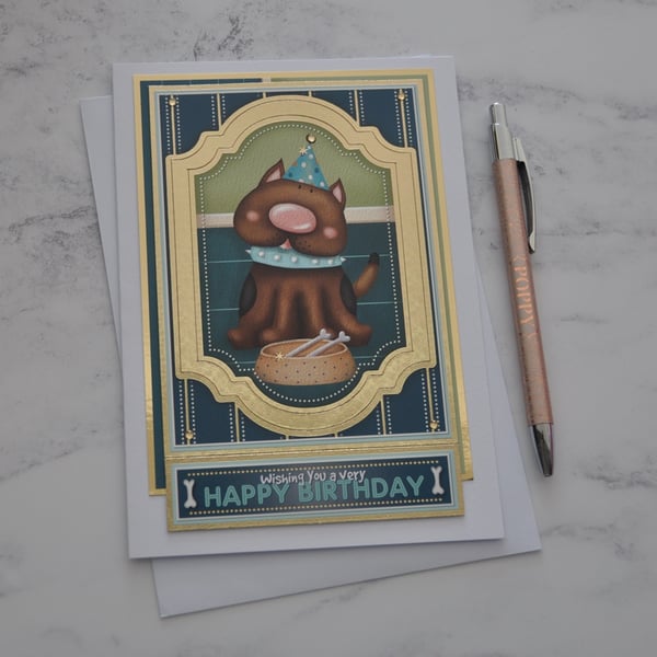 Dog Birthday Card Party Hat Bones Bowl Wishing You A Very Happy Birthday 3D