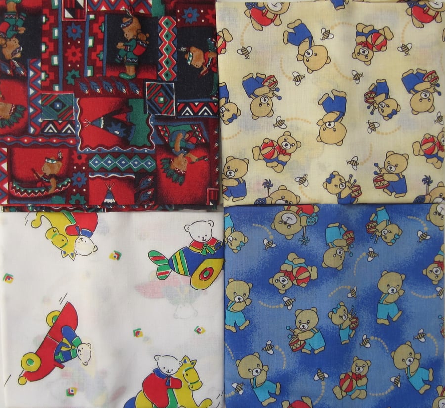 Selection of 4 Teddy Bear Fat Quarters