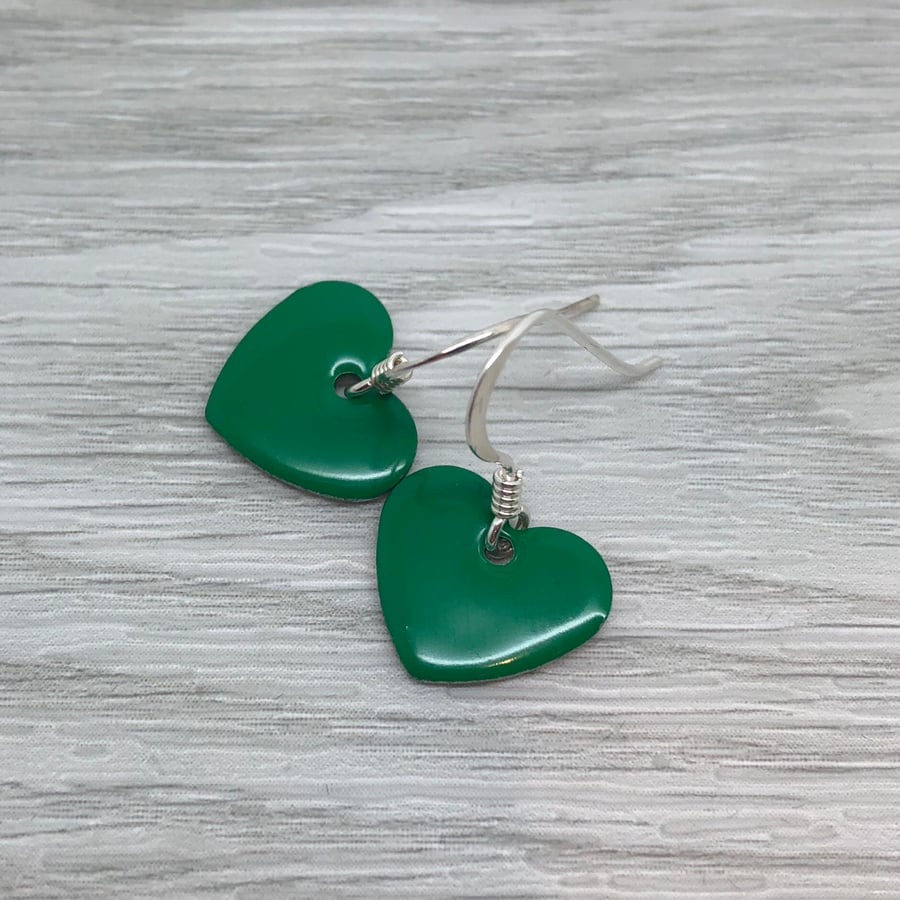 Spring green enamel heart charm, sterling silver earrings 