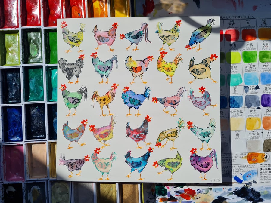 Whimsical Chickens, Hand-Painted original artwork