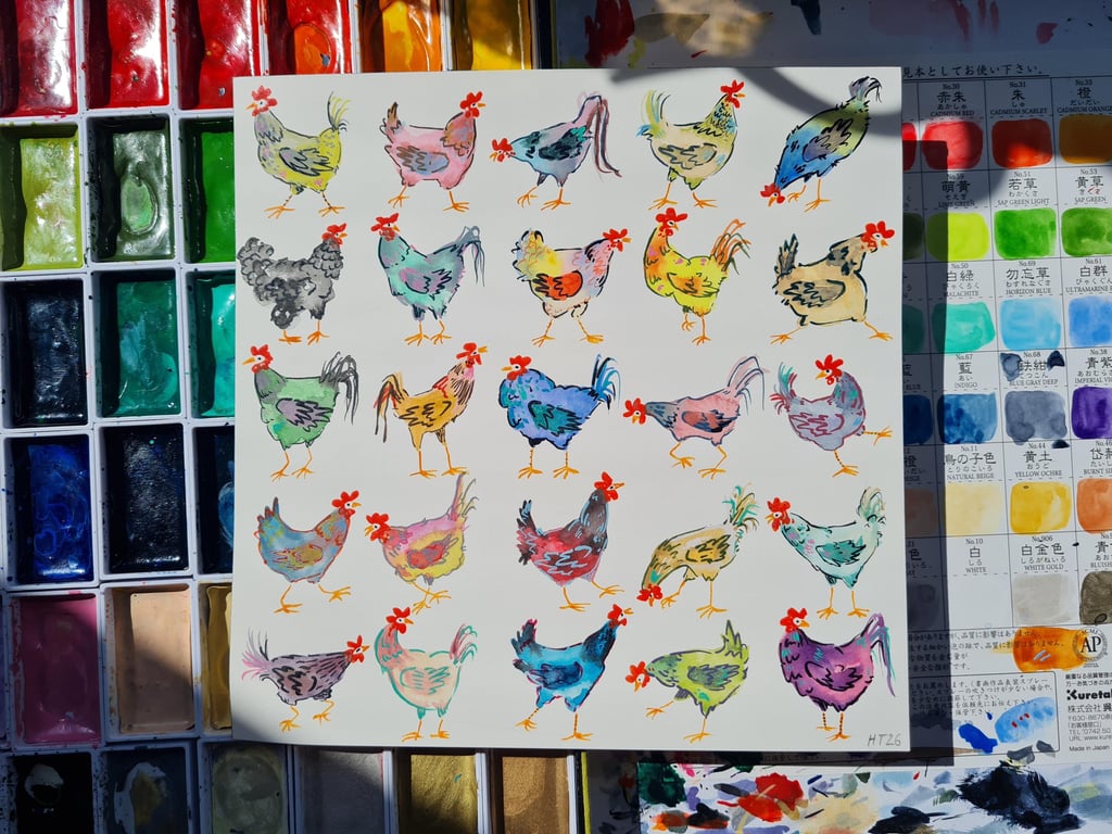 Whimsical Chickens, Hand-Painted original artwork