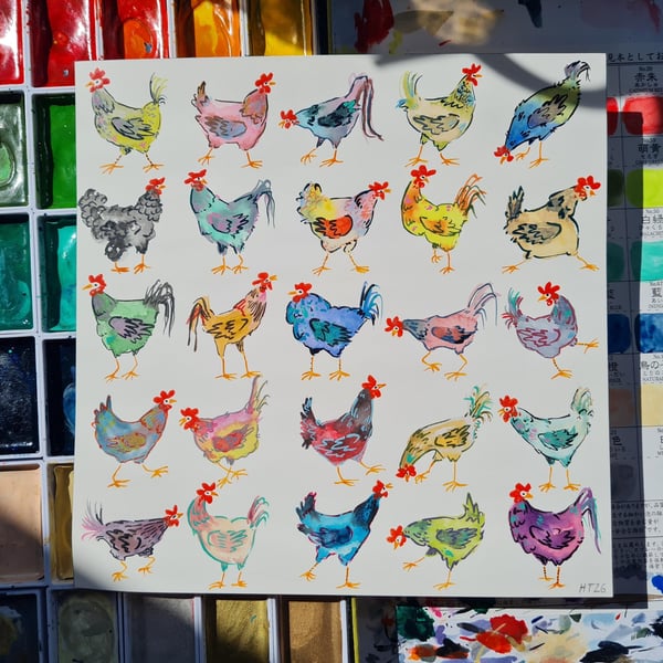 Whimsical Chickens, Hand-Painted original artwork