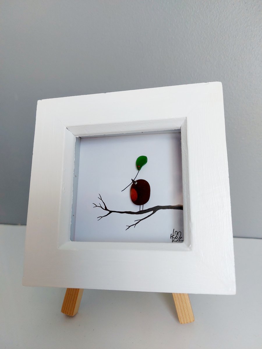 Robin on a Branch - White Framed Mini Sea Glass Art Picture
