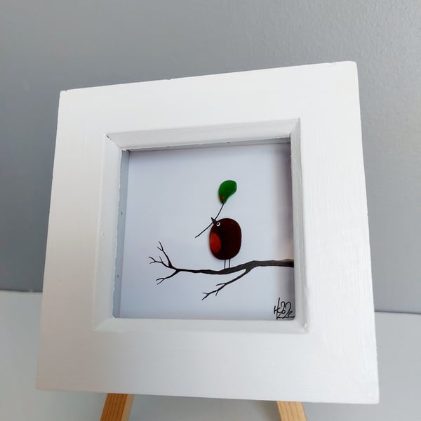 Robin on a Branch - White Framed Mini Sea Glass Art Picture