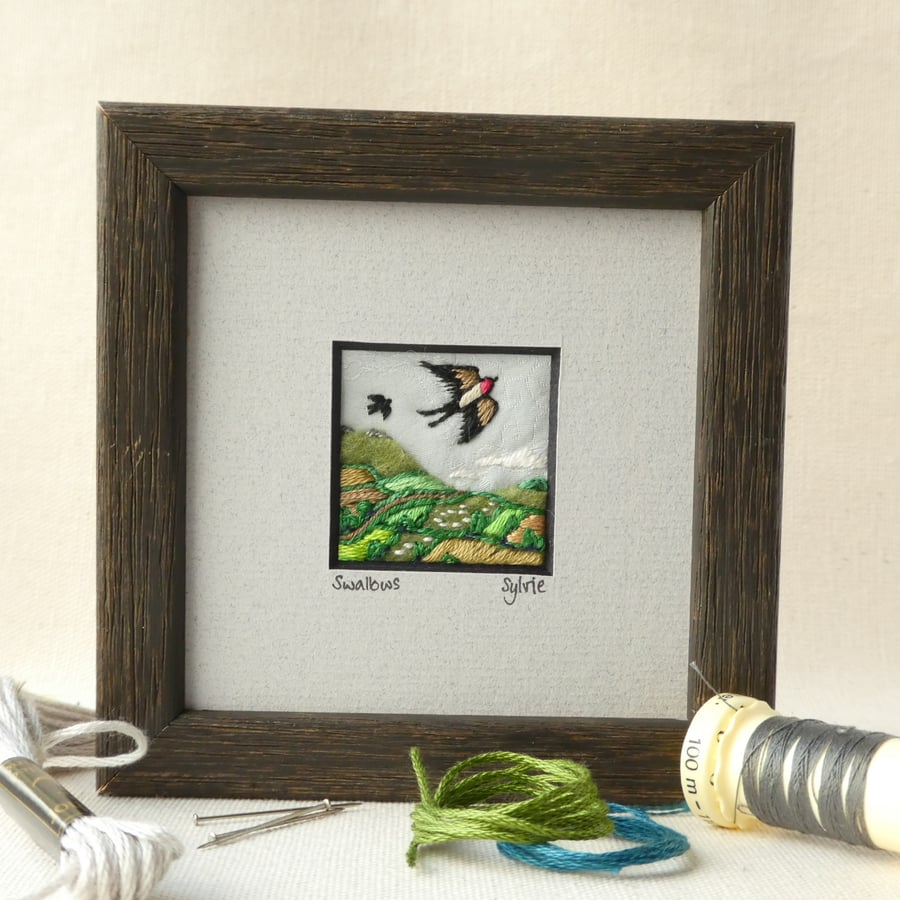 Swooping swallow, hand stitched picture