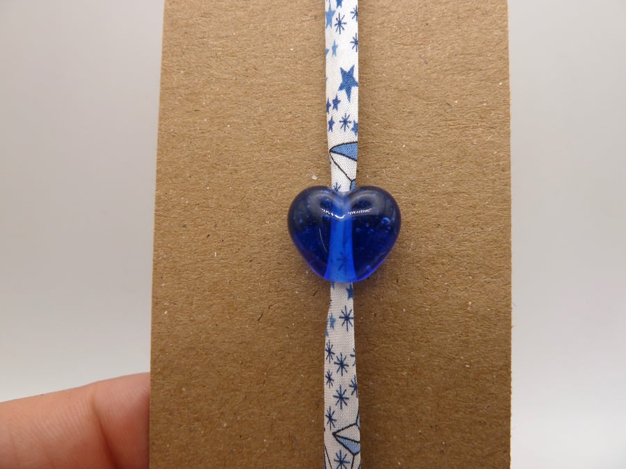 liberty print fabric bracelet, lampwork glass blue heart
