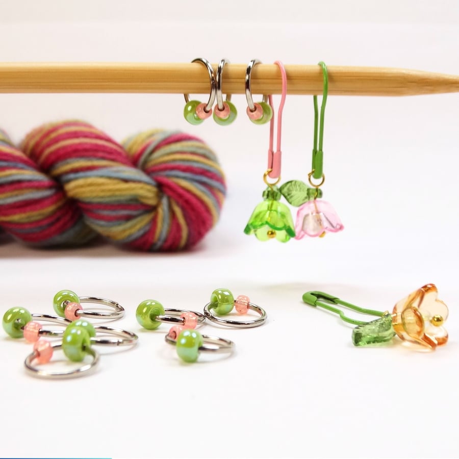 Green Spring Jewel Knitting Stitch Markers x 10 and 3 Flower Stitch Markers