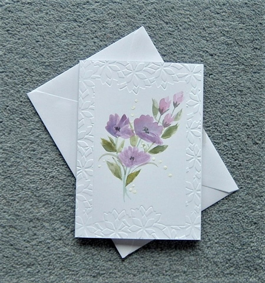 blank greetings card hand painted floral embossed original art ( ref F 162 )