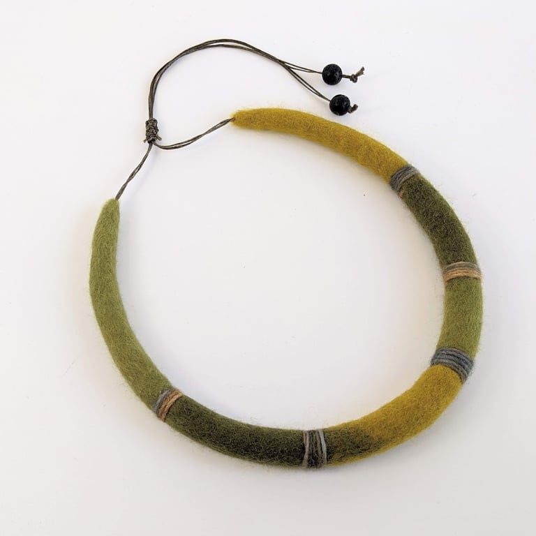 Felted cord necklace - shades of olive green and mustard yellow