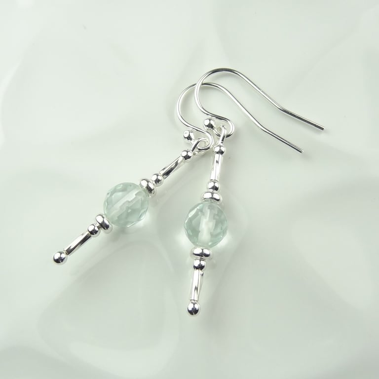 Pale blue faceted Sea glass drop earrings, sterling silver, 6mm, in a gift box