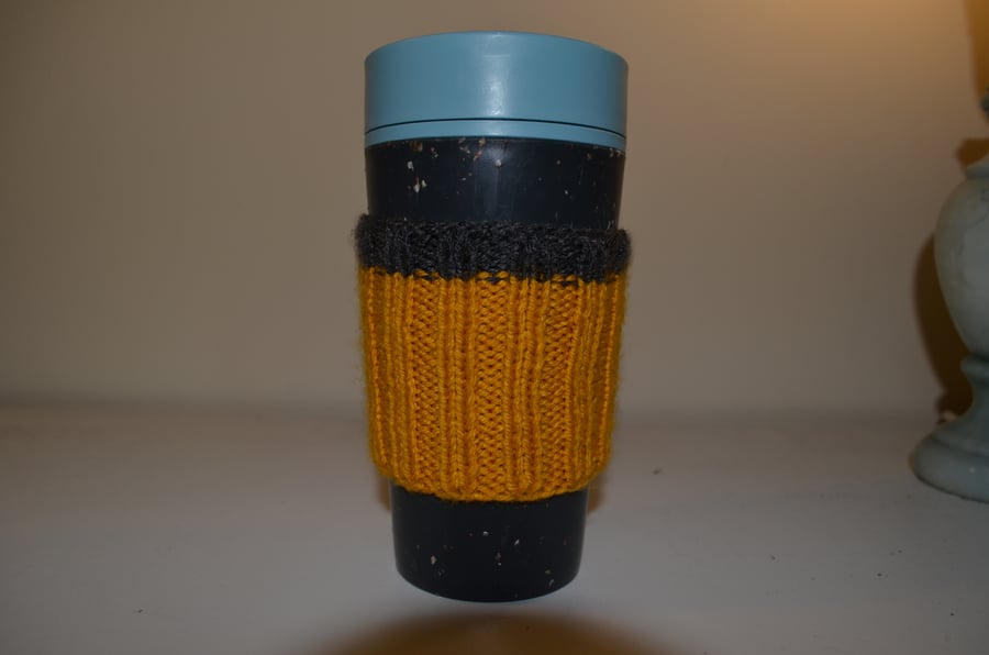 Mustard and grey vertical stripe cup cosy