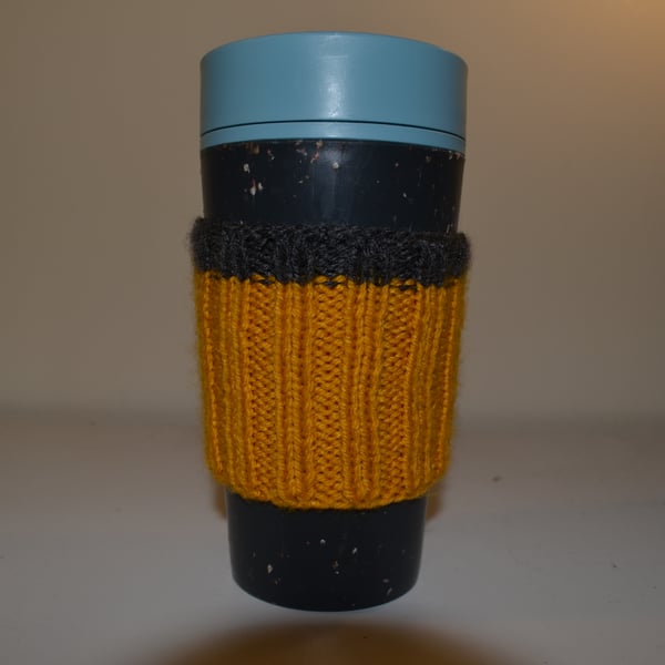 Mustard and grey vertical stripe cup cosy