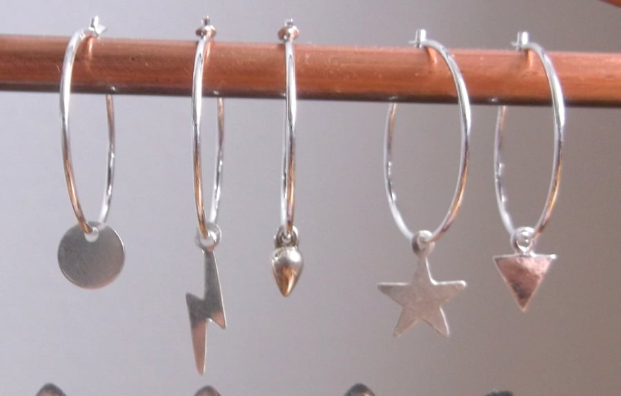 Sterling Silver Mismatched Hoop Earrings, Star Earrings, Lightning Bolt Earrings