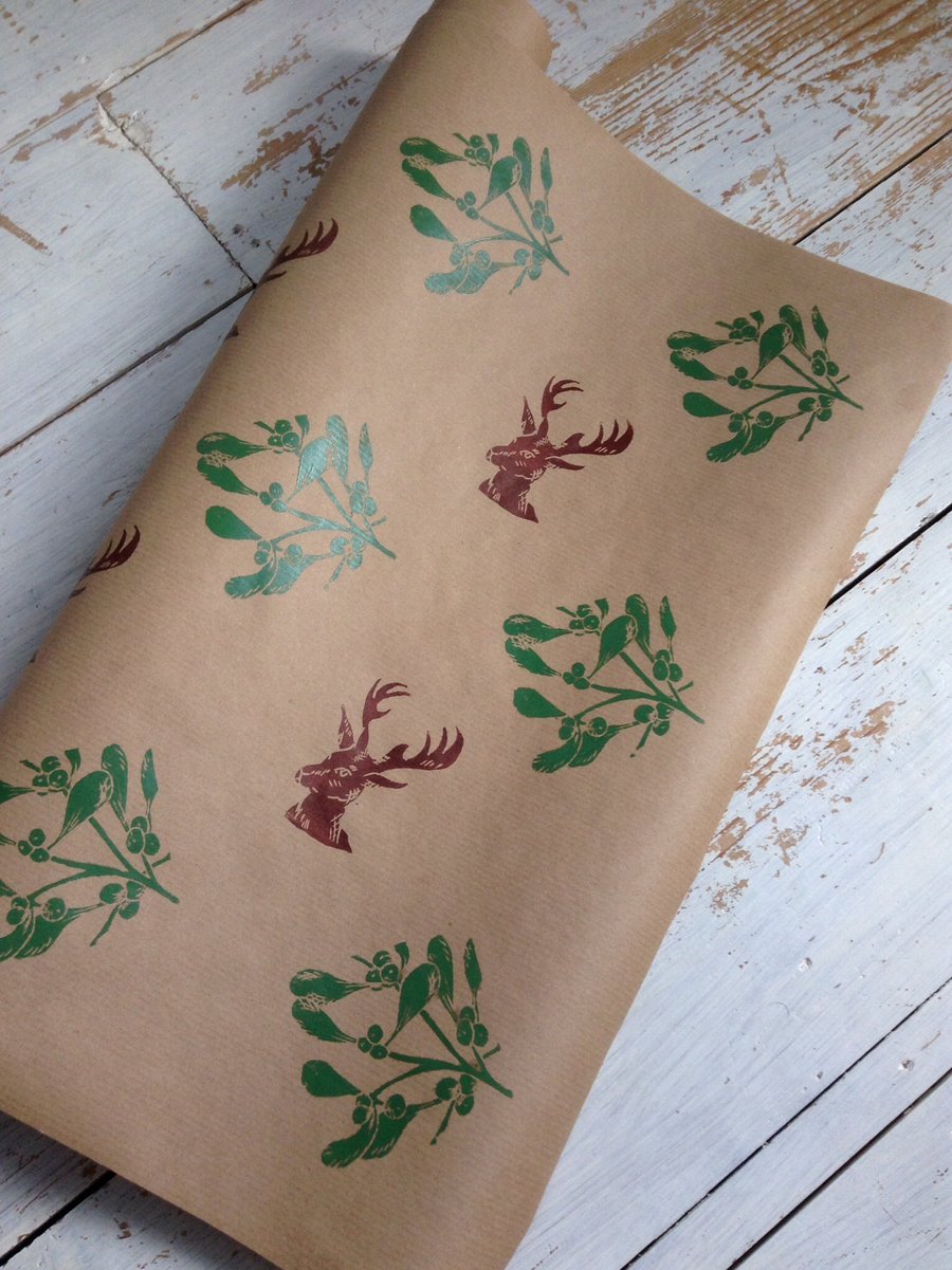 Hand printed Mistletoe and Stag Gift Wrap