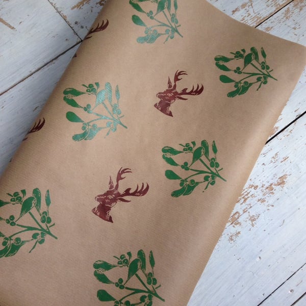 Hand printed Mistletoe and Stag Gift Wrap