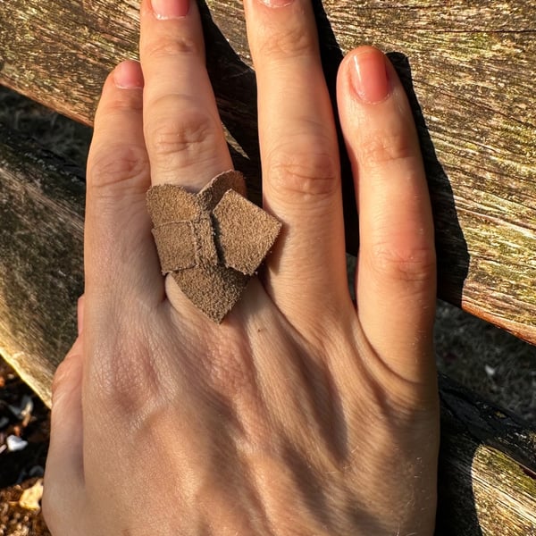 Upcycled Brown Leather Heart Ring & Mantra Pouch