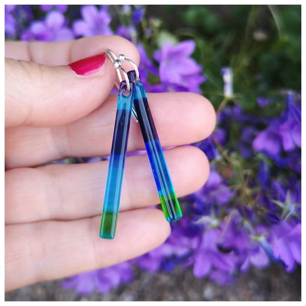 turquoise, green and purple glass earrings on sterling silver hooks