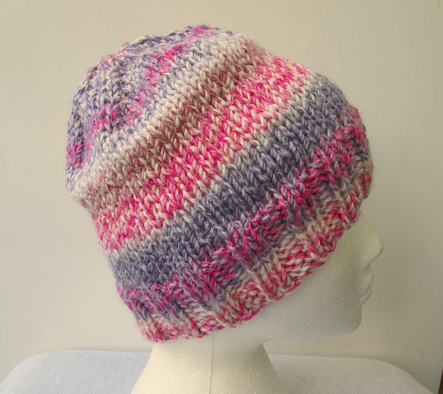 Ombre pink and purple chunky beanie hat for an adult